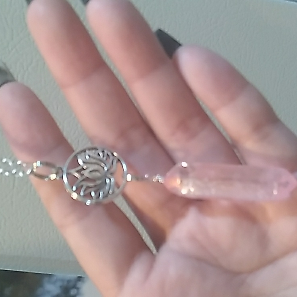 Lotus pendent w pink aura crystal point necklace - Picture 12 of 15